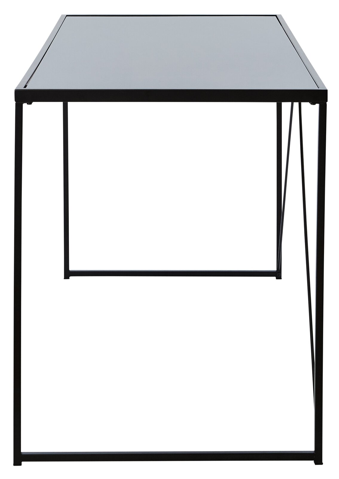 Moderner Schreibtisch mit schwarzer Glasplatte und schlankem Metallrahmen, frontal betrachtet.