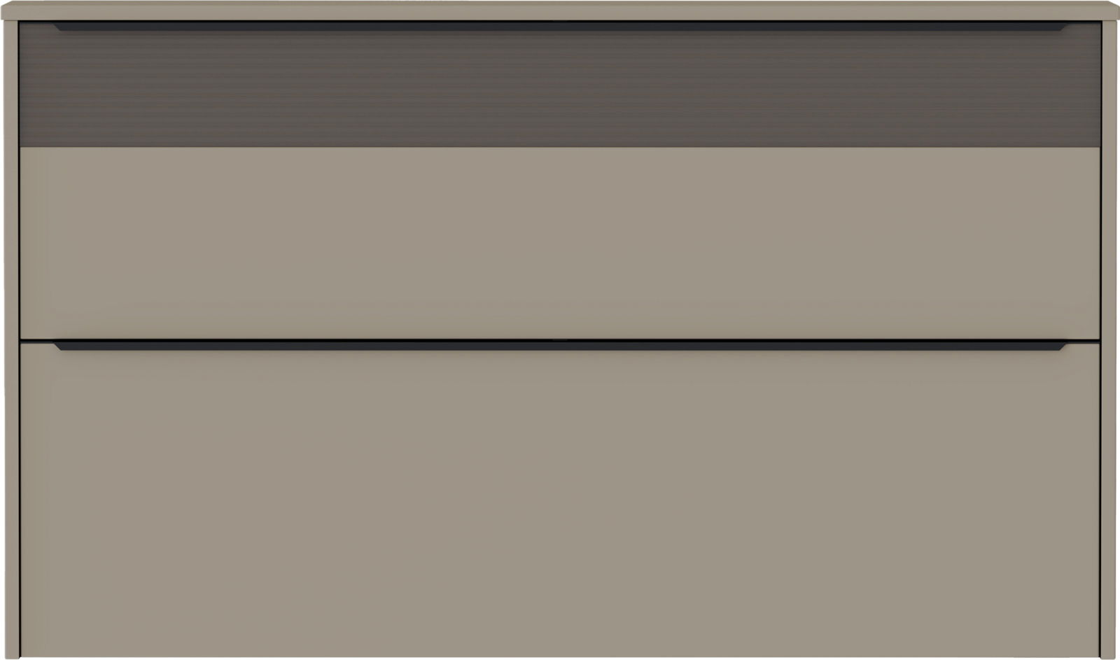 Frontansicht eines modernen Hängeschuhschranks mit zwei Klappen in neutralen Farben.