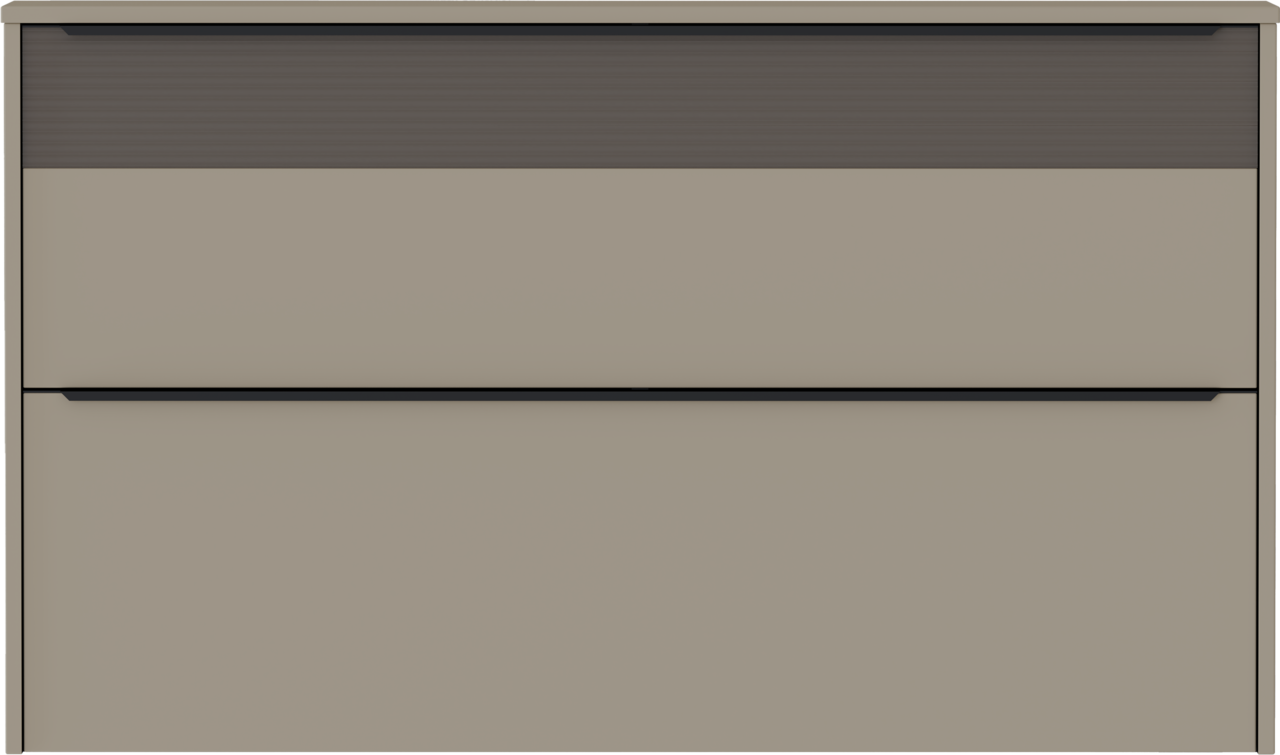 Frontansicht eines modernen Hängeschuhschranks mit zwei Klappen in neutralen Farben.