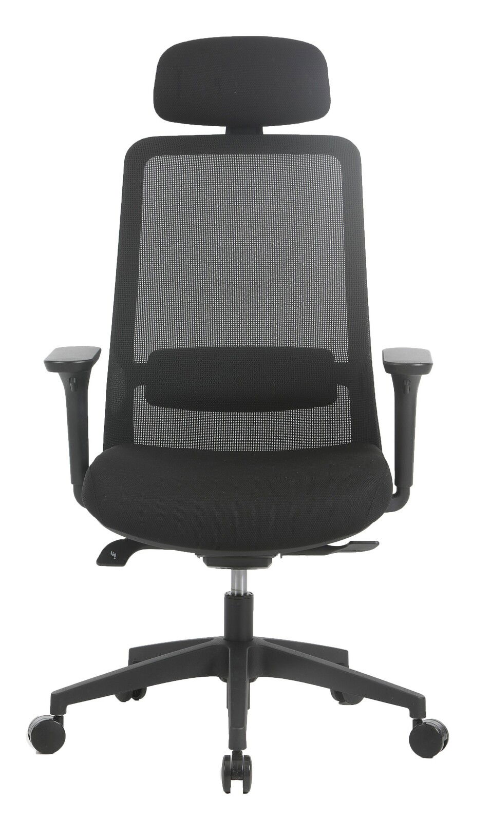 Schwarzer Drehstuhl mit Netzrückenlehne und Kopfstütze, Frontalansicht