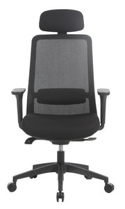 Schwarzer Drehstuhl mit Netzrückenlehne und Kopfstütze, Frontalansicht