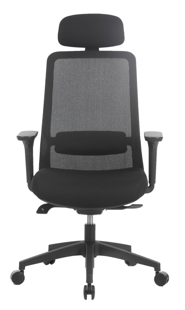 Schwarzer Drehstuhl mit Netzrückenlehne und Kopfstütze, Frontalansicht