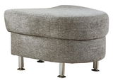 Grauer Hocker mit Rondellfunktion, seitliche Perspektive, auf vier Metallfüßen stehend.