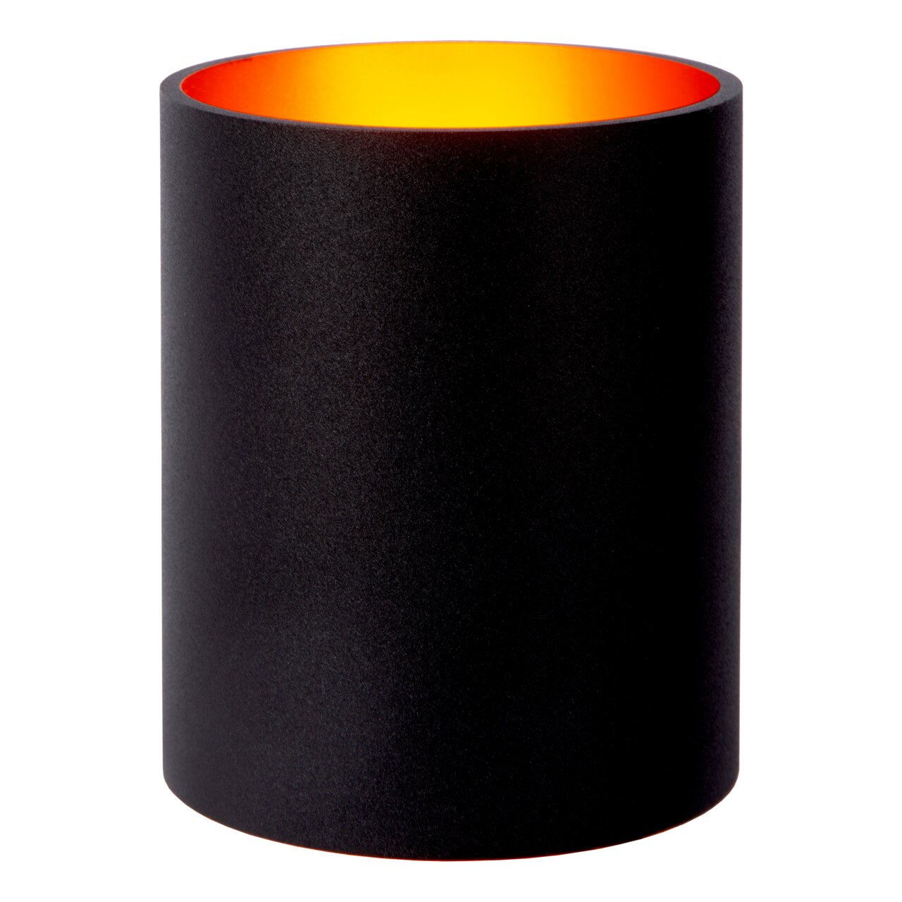 Zylindrische schwarze Wandleuchte mit orangefarbenem Innenraum, seitliche Perspektive