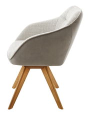 Moderner Sessel mit grauem Stoffbezug und Holzbeinen, Seitenansicht