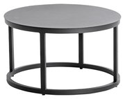 Runder Loungetisch aus Metall in dunkler Farbe, seitliche Perspektive