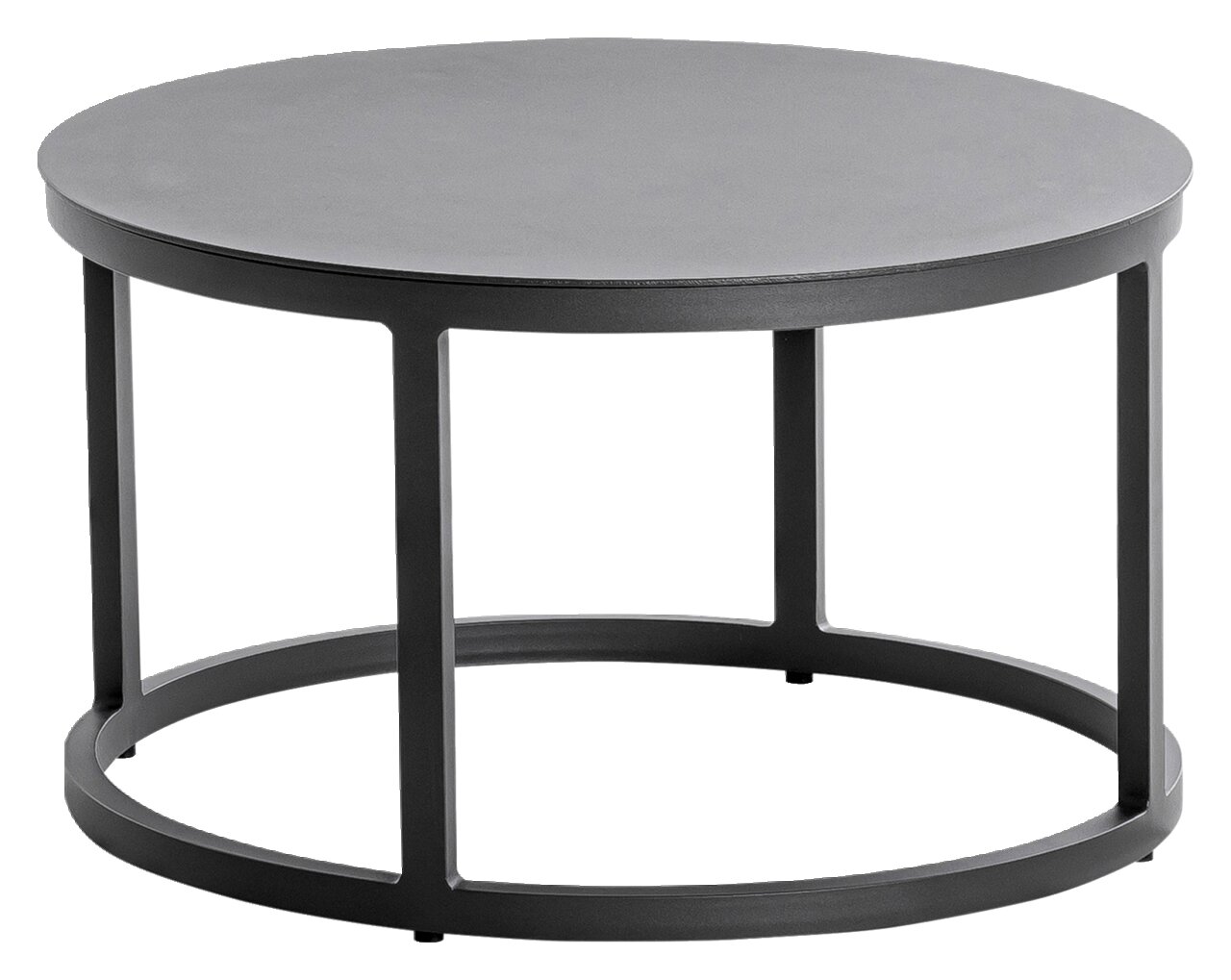 Runder Loungetisch aus Metall in dunkler Farbe, seitliche Perspektive