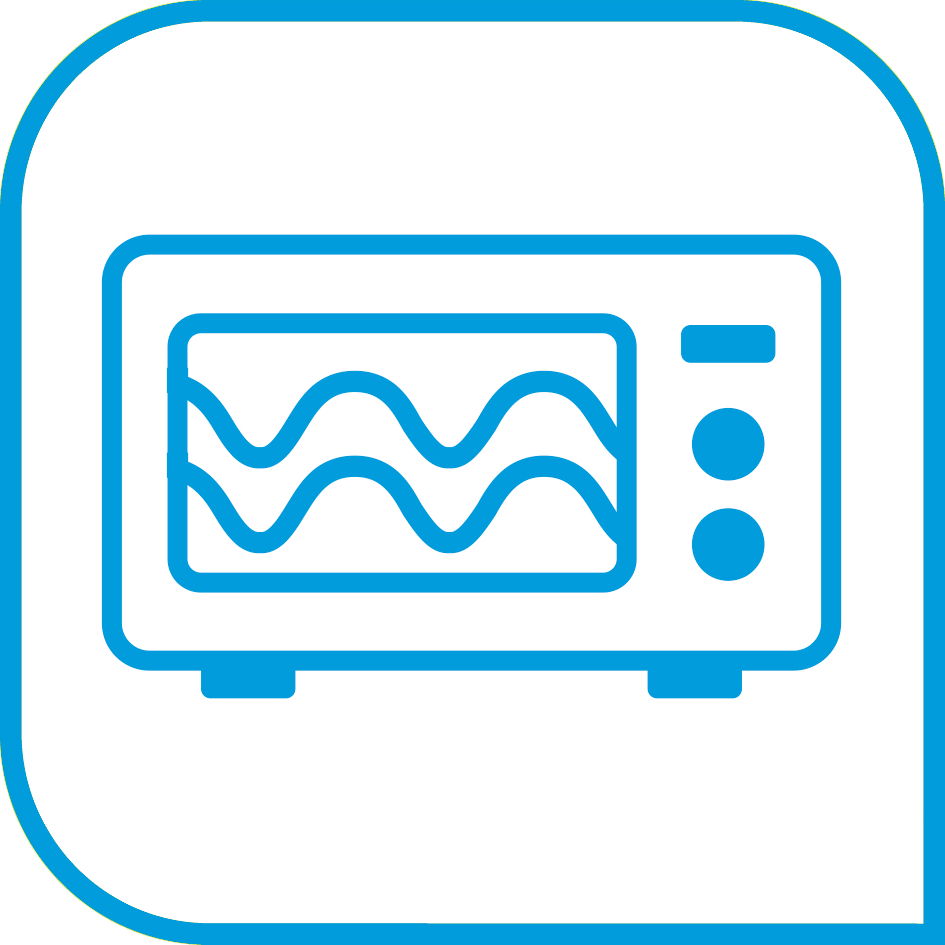 Symbol einer Mikrowelle in blauer Farbe, frontal betrachtet.