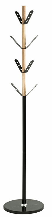 Moderner Garderobenständer aus Holz und Metall mit mehreren Haken, frontal abgebildet.