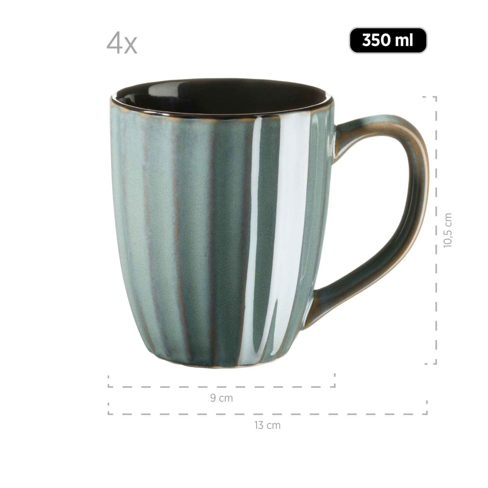 Glasierte Keramik-Kaffeetasse in Blaugrün mit Henkel, 350 ml, ca. 10,5 cm hoch und 13 cm breit, freigestellt auf weißem Hintergrund, Ansicht von vorne leicht seitlich