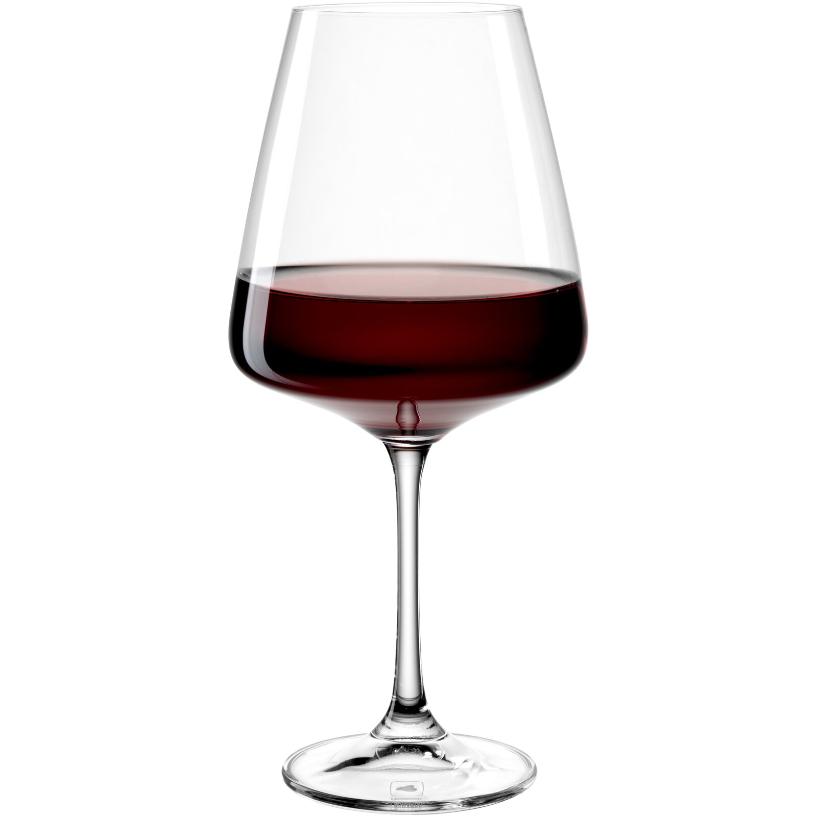 Rotweinglas mit 660ml Fassungsvermögen, gefüllt mit Rotwein, seitliche Perspektive