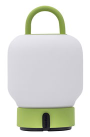 Tragbare Lampe mit grünem Griff und Sockel, frontal abgebildet