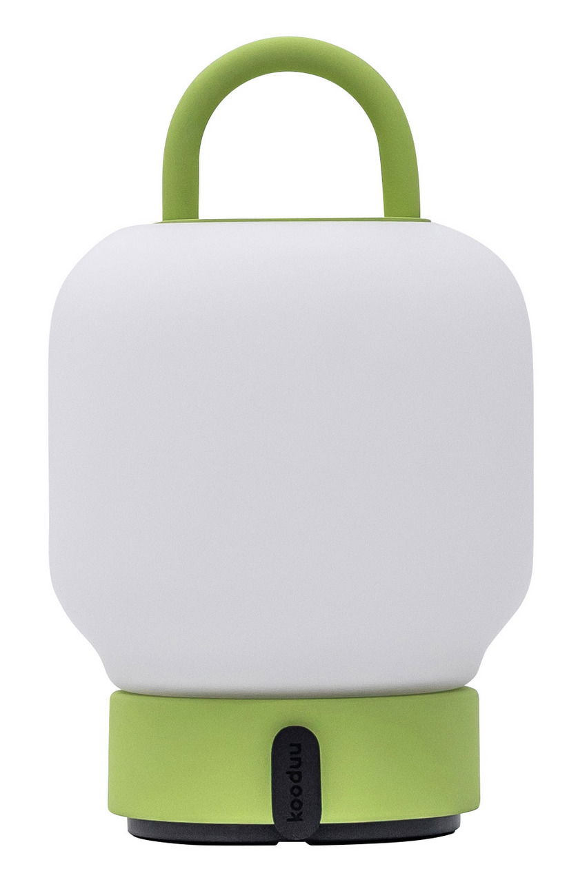 Tragbare Lampe mit grünem Griff und Sockel, frontal abgebildet