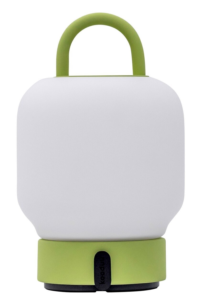Draagbare lamp met groene handgreep en voet, vooraanzicht