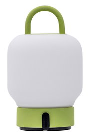 Draagbare lamp met groene handgreep en voet, vooraanzicht