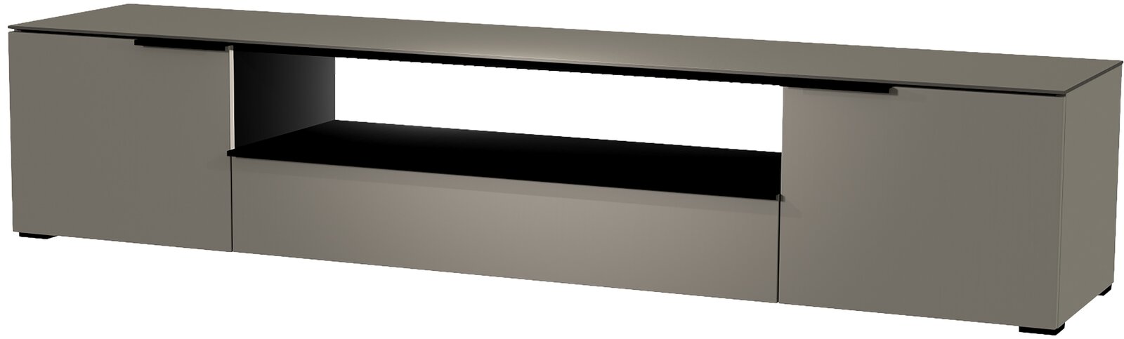 Frontansicht eines modernen, grauen TV-Lowboards der Serie BORMIO mit offenen Fächern und Schubladen.