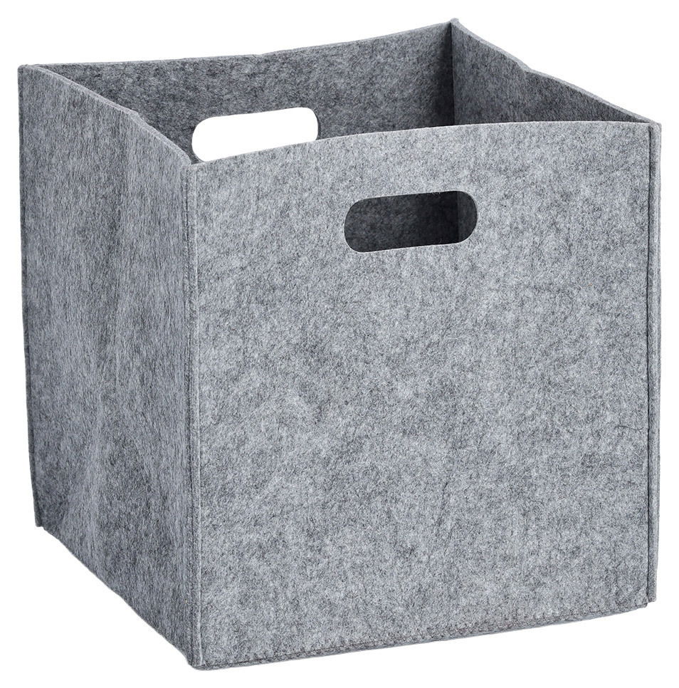 Grauer Filz-Aufbewahrungskorb mit rechteckigen Grifföffnungen, seitliche Perspektive