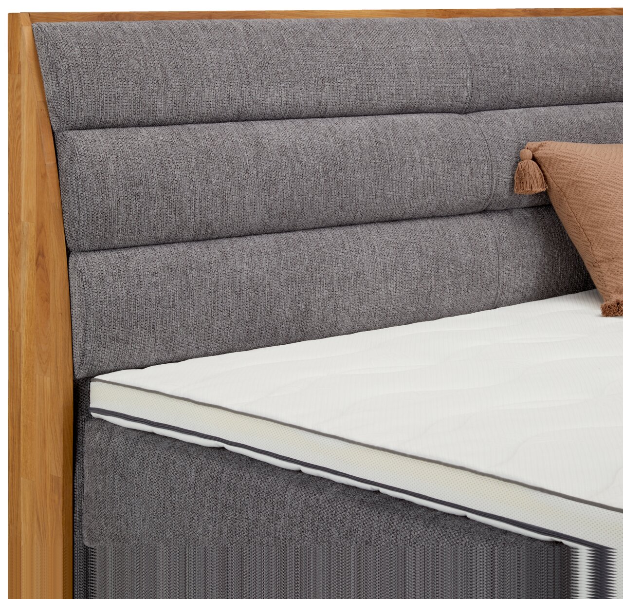 Nahaufnahme eines Boxspringbetts mit grauem, gepolstertem Kopfteil und Holzrahmen, seitliche Perspektive