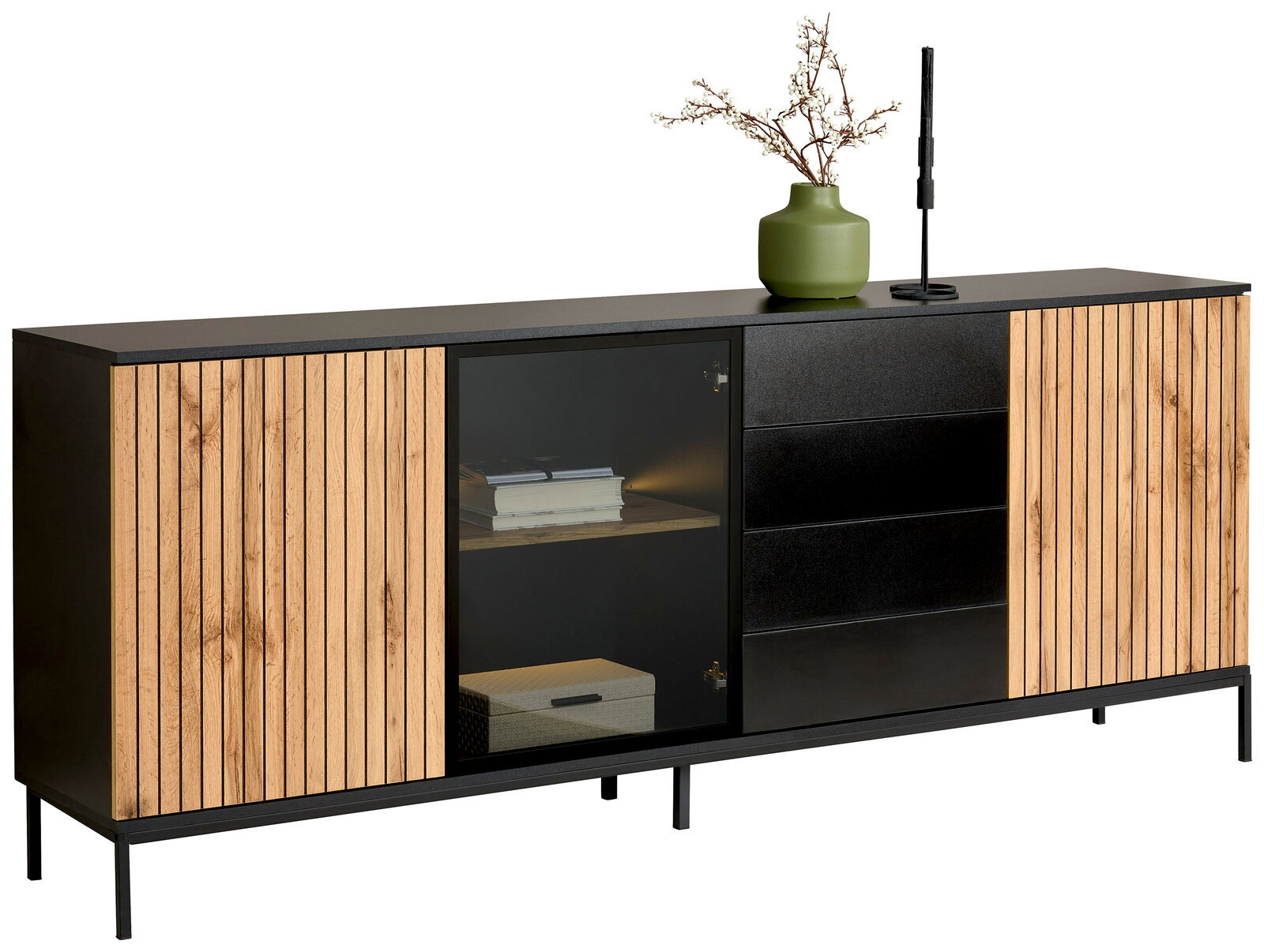 XORA XL-dressoir VIANO XL-Sideboard mit Holz- und Glaselementen, seitliche Perspektive