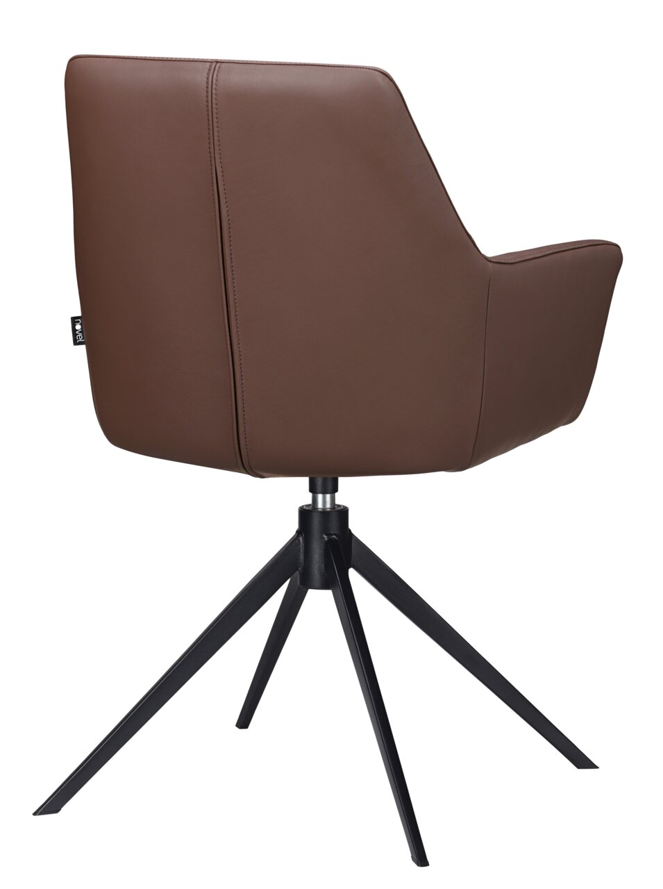 Achterkant van een bruine fauteuil met een zwart metalen frame