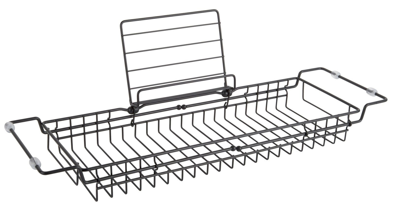 Schwarze Badablage aus Metall mit verstellbarem Buchhalter, seitliche Perspektive