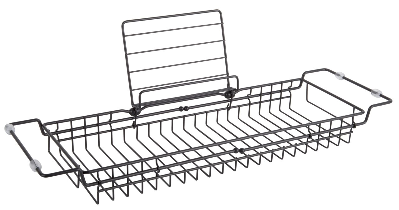 Schwarze Badablage aus Metall mit verstellbarem Buchhalter, seitliche Perspektive
