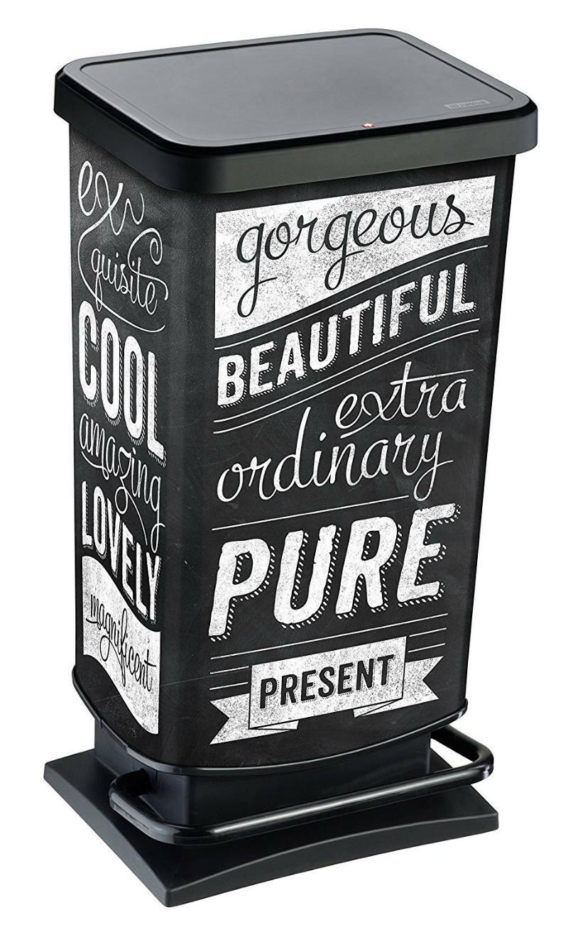 Treteimer 40 l PASO Hipster mit stilvollem Schriftzug-Design, seitliche Perspektive