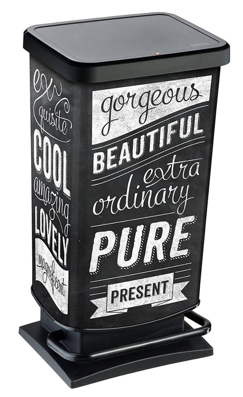 Treteimer 40 l PASO Hipster mit stilvollem Schriftzug-Design, seitliche Perspektive