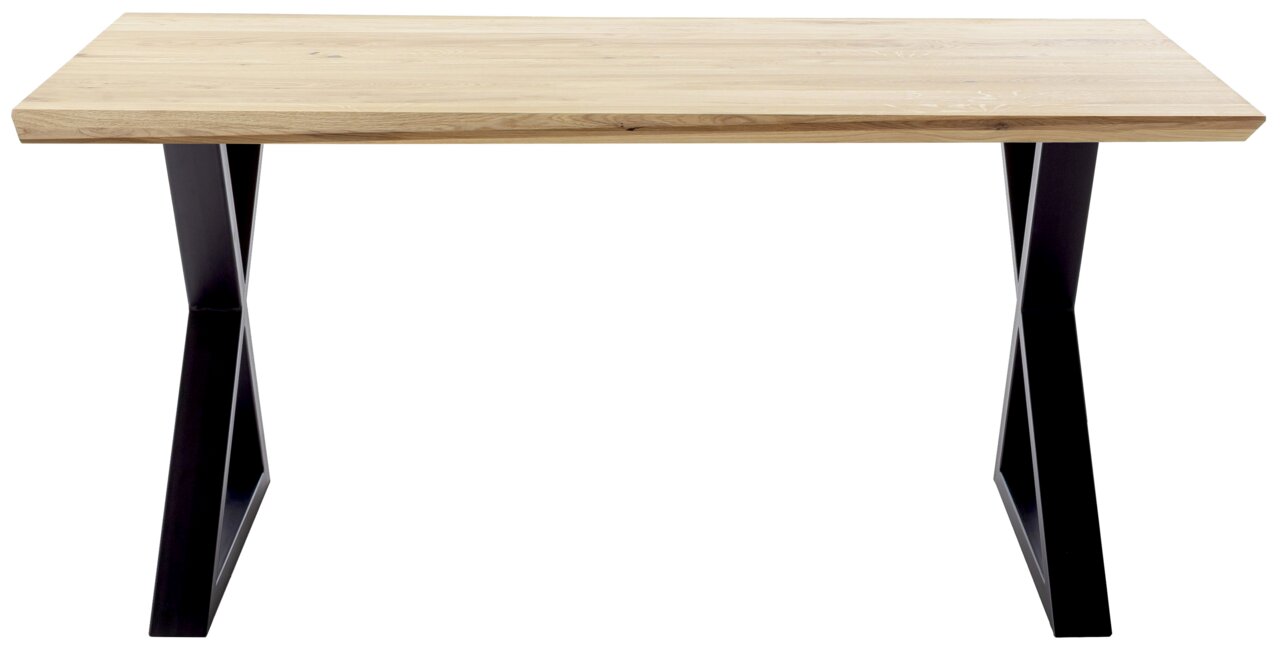 Moderner Esstisch mit Holzplatte und schwarzen Metallbeinen, Frontalansicht