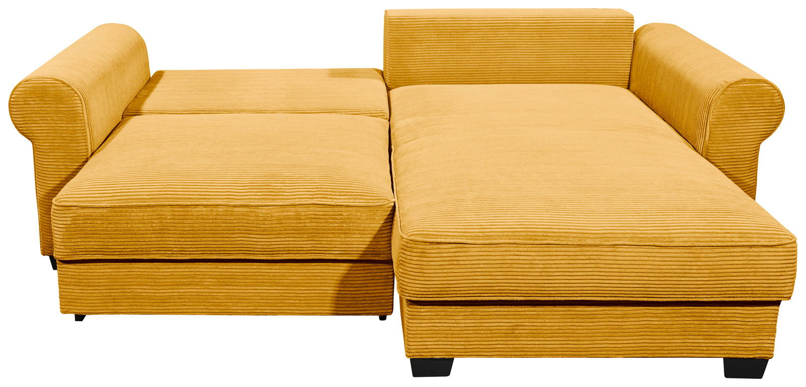 Gelbes Ecksofa mit geripptem Stoffbezug, Ansicht von vorne.