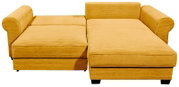 Gelbes Ecksofa mit geripptem Stoffbezug, Ansicht von vorne.
