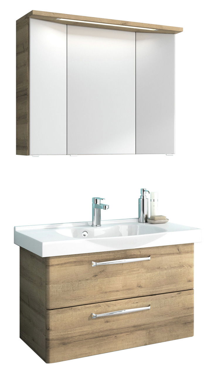 Moderner Badblock mit Holzoptik und weißem Waschbecken, Frontalansicht