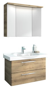 Moderner Badblock mit Holzoptik und weißem Waschbecken, Frontalansicht