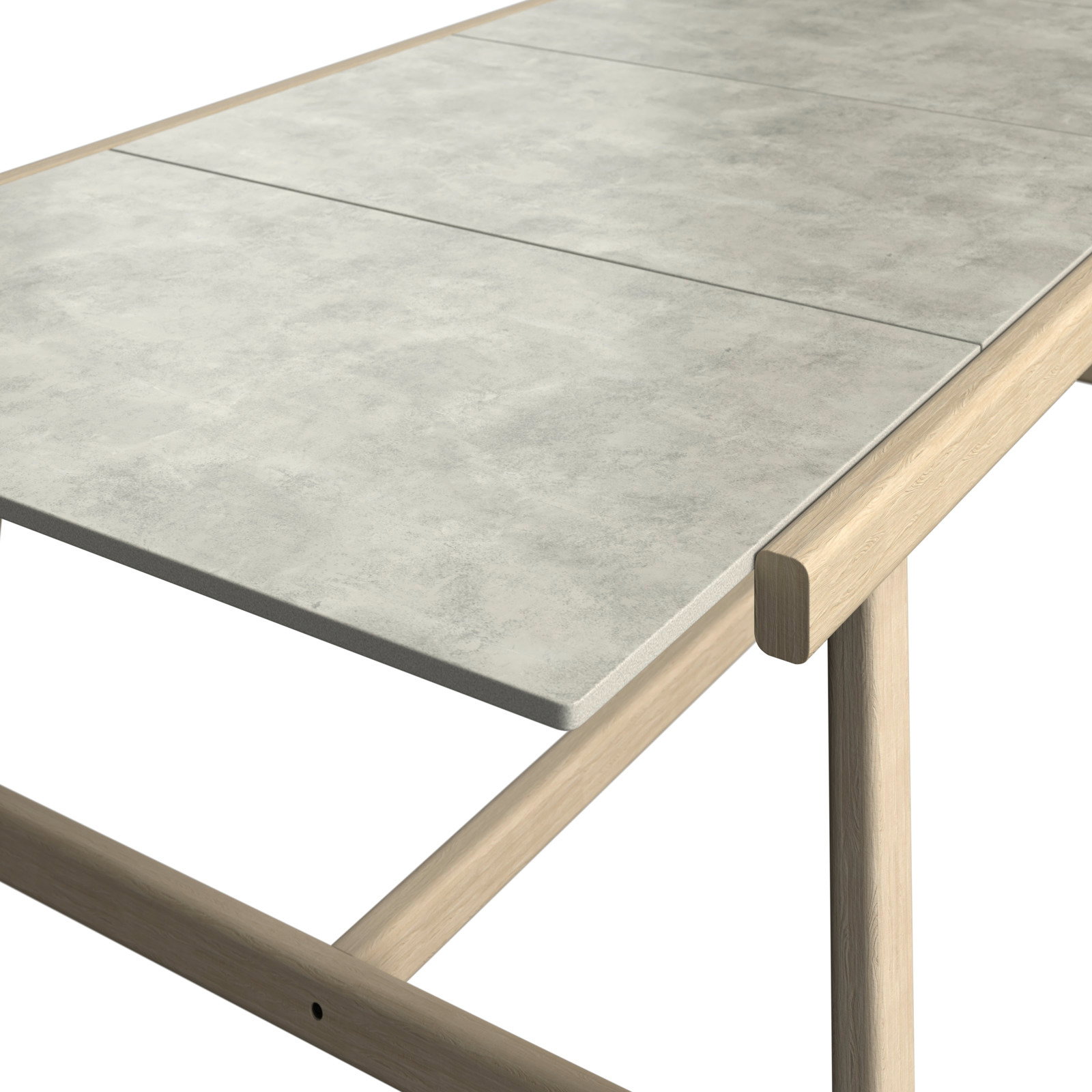 Moderner Garten-Esstisch mit heller Steinplatte und Holzgestell, seitliche Perspektive