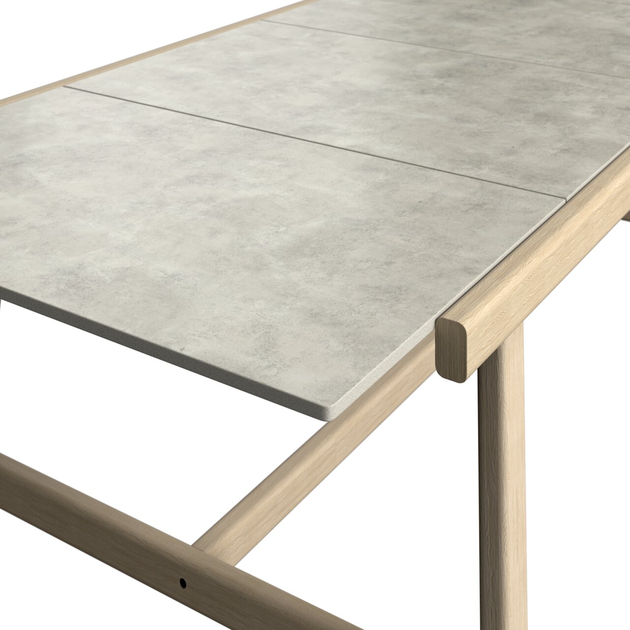 Moderne tuintafel met lichtgekleurd stenen blad en houten onderstel, zijaanzicht