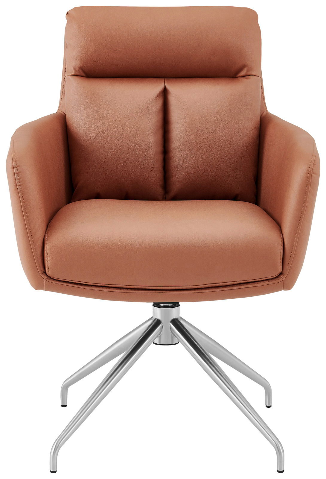 Moderner Armlehnstuhl in braunem Leder mit Metallfuß, Frontalansicht
