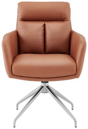 Moderner Armlehnstuhl in braunem Leder mit Metallfuß, Frontalansicht