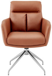 Moderner Armlehnstuhl in braunem Leder mit Metallfuß, Frontalansicht