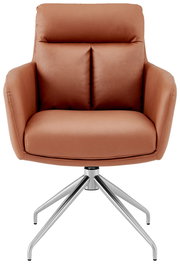 Moderner Armlehnstuhl in braunem Leder mit Metallfuß, Frontalansicht