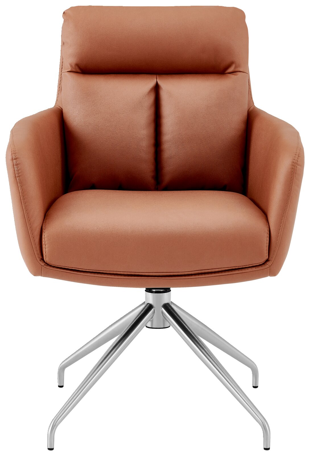 Moderne fauteuil van bruin leer met metalen onderstel, vooraanzicht