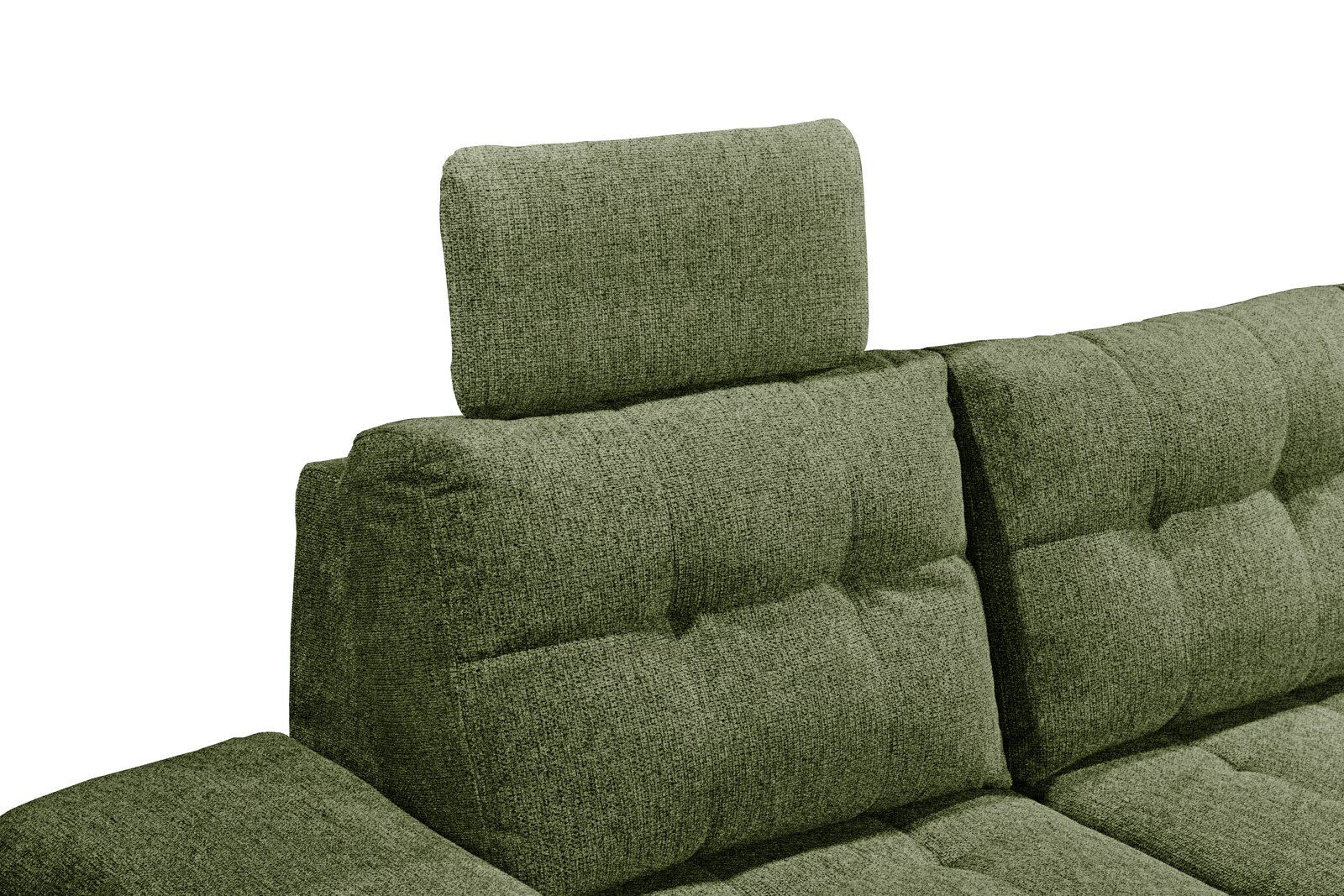 Grünes Sofa mit verstellbarer Kopfstütze, seitliche Perspektive