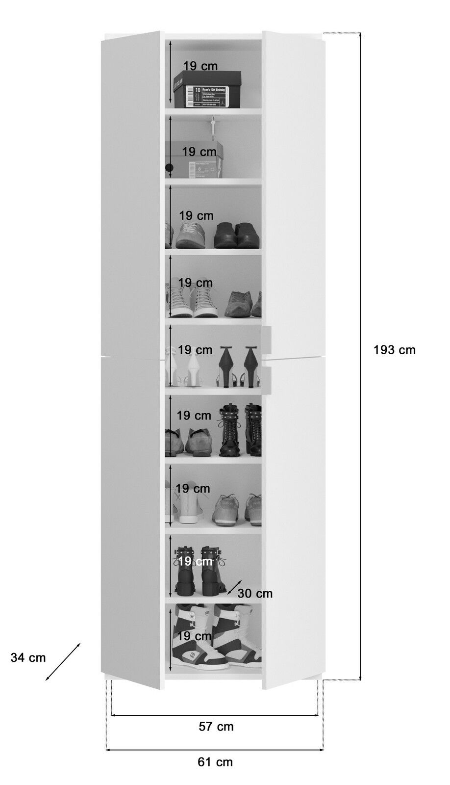 Weiße Garderobenkombination mit mehreren Fächern, gefüllt mit Schuhen und Boxen, aus der Frontperspektive.