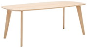Moderne eettafel van licht hout met een rechthoekig tafelblad en schuin geplaatste poten, gezien vanaf de zijkant.
