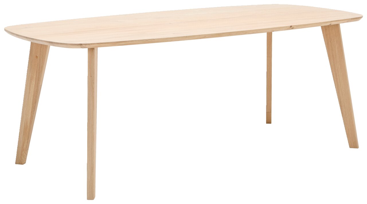 Moderne eettafel van licht hout met een rechthoekig tafelblad en schuin geplaatste poten, gezien vanaf de zijkant.