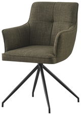Moderner Armlehnstuhl mit grünem Stoffbezug und schwarzem Metallgestell, seitliche Perspektive