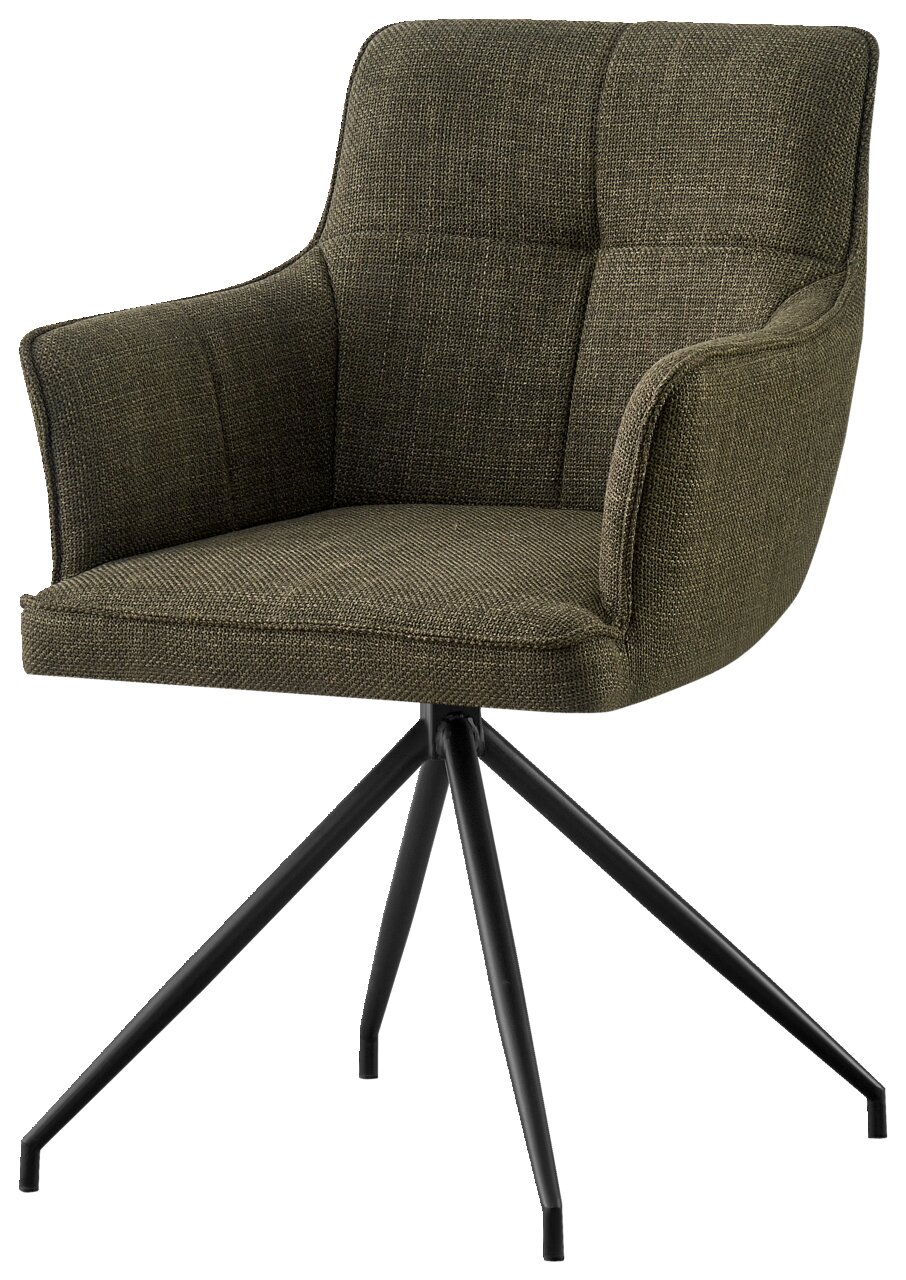 Moderner Armlehnstuhl mit grünem Stoffbezug und schwarzem Metallgestell, seitliche Perspektive