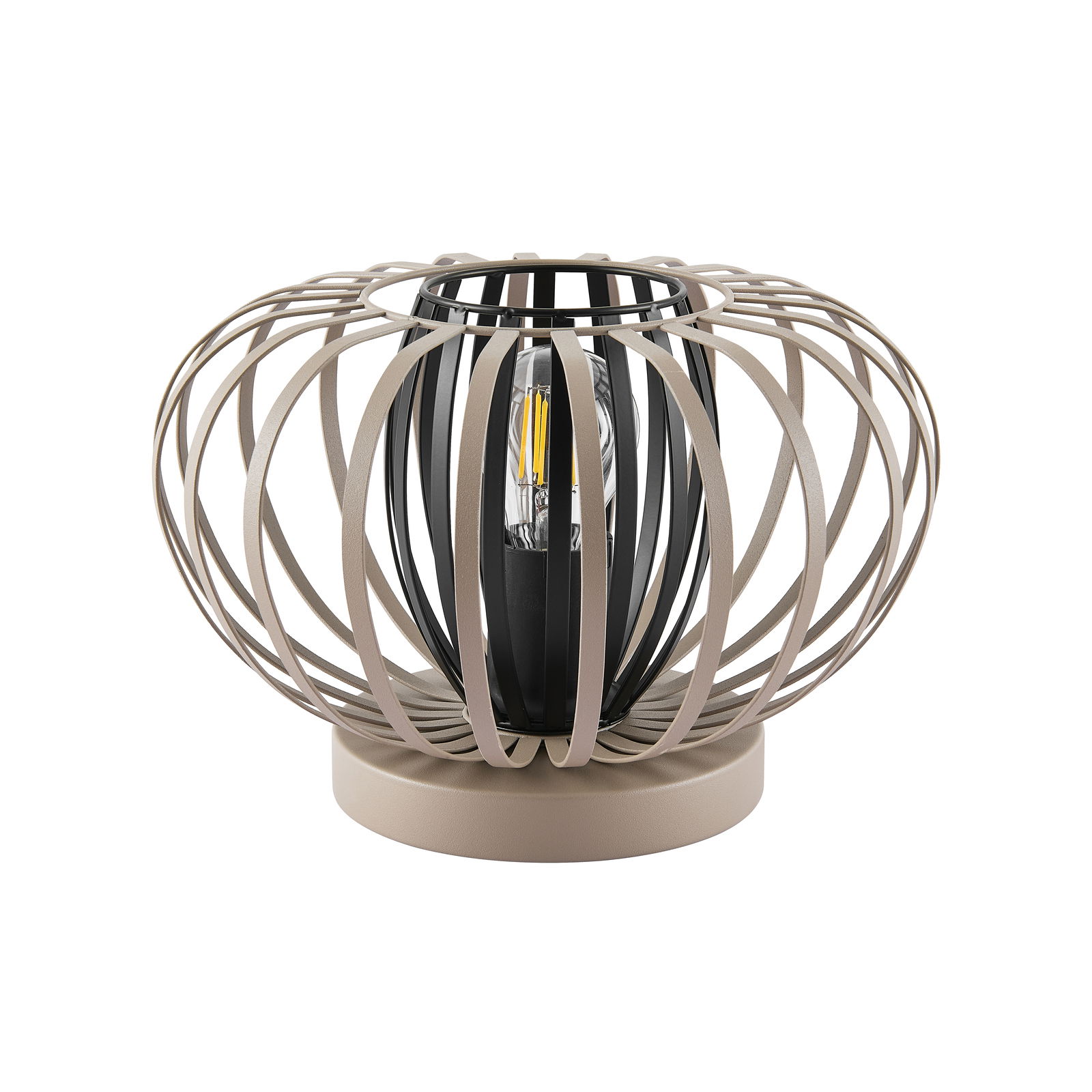 Moderne Tischleuchte mit kugelförmigem, offenen Design aus Metallstreben, seitliche Perspektive