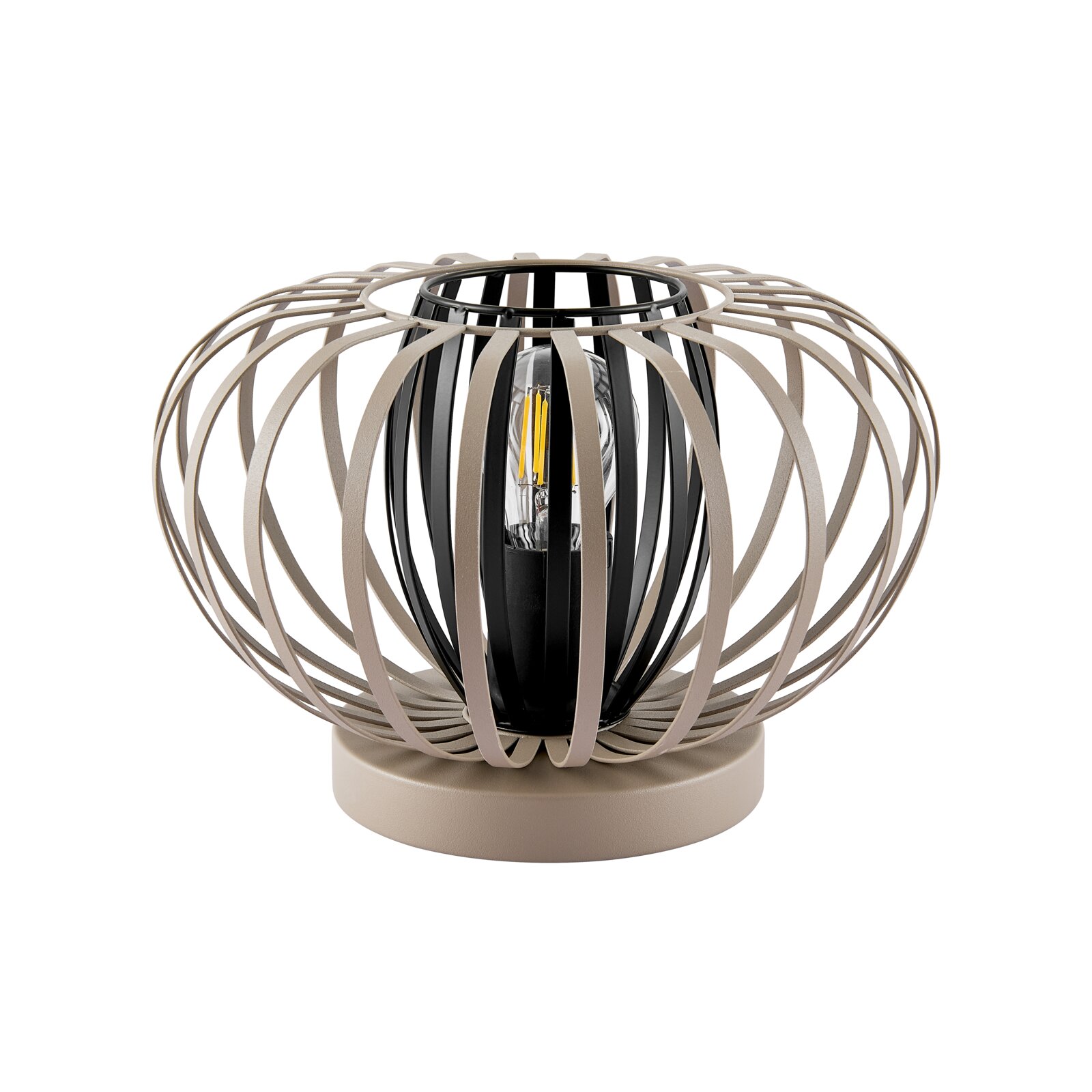 Moderne tafellamp met een bolvormig, open ontwerp van metalen spanten, zijaanzicht
