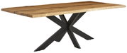 Moderner Esstisch mit massiver Holzplatte und schwarzem Metallgestell, seitliche Perspektive