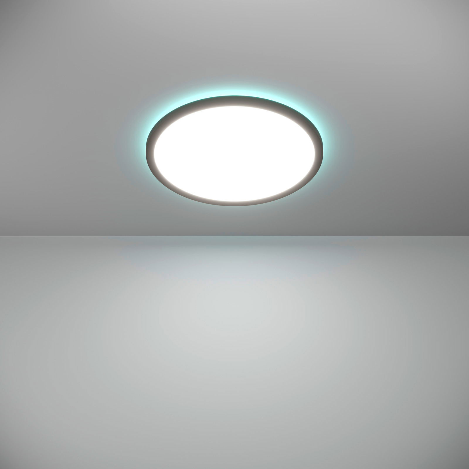 Runde LED-Deckenleuchte ROVITO-Z mit sanftem, leuchtendem Rand, von unten betrachtet.